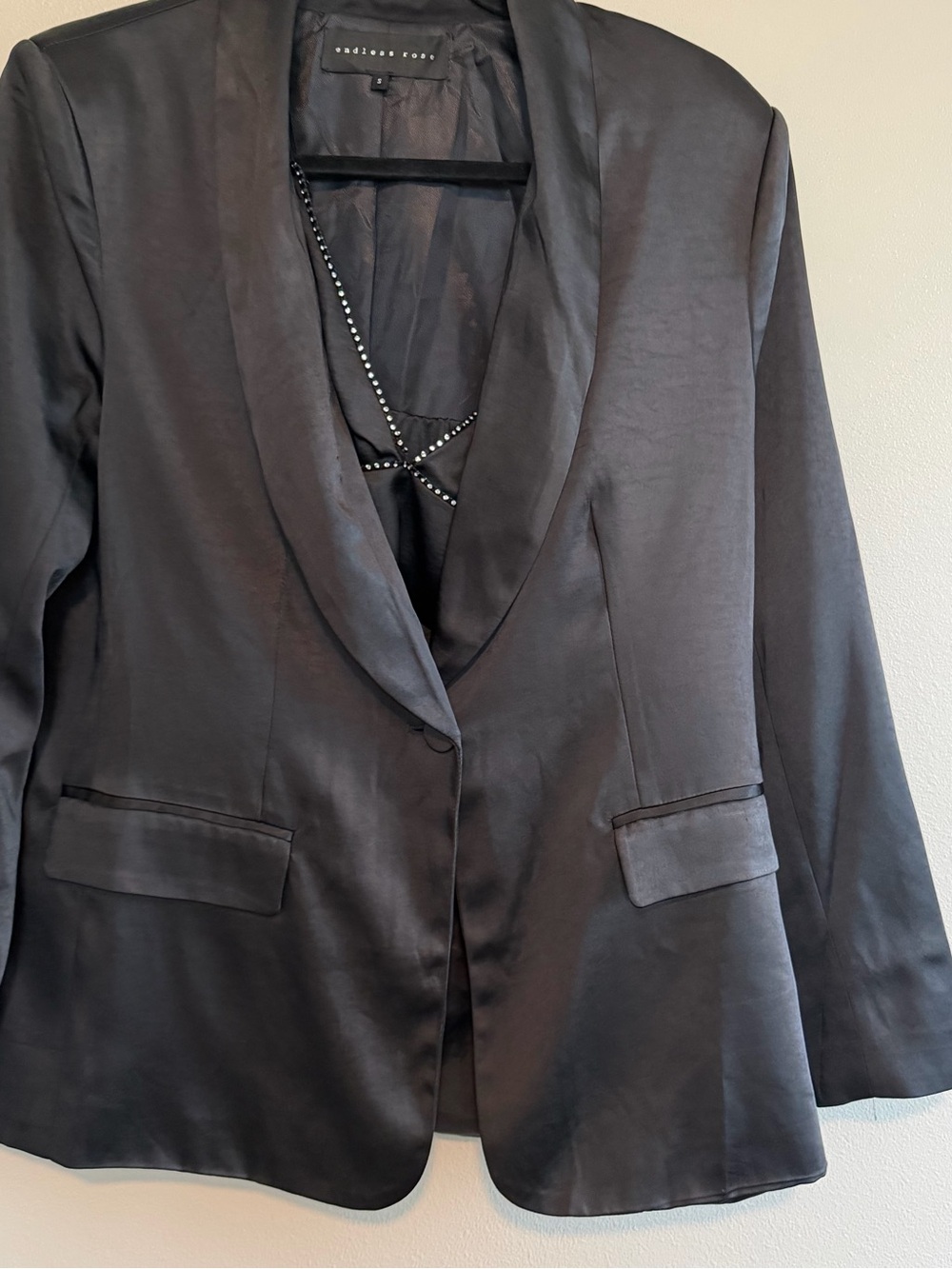 Endless Rose Black Satin Shawl-Collar Blazer
